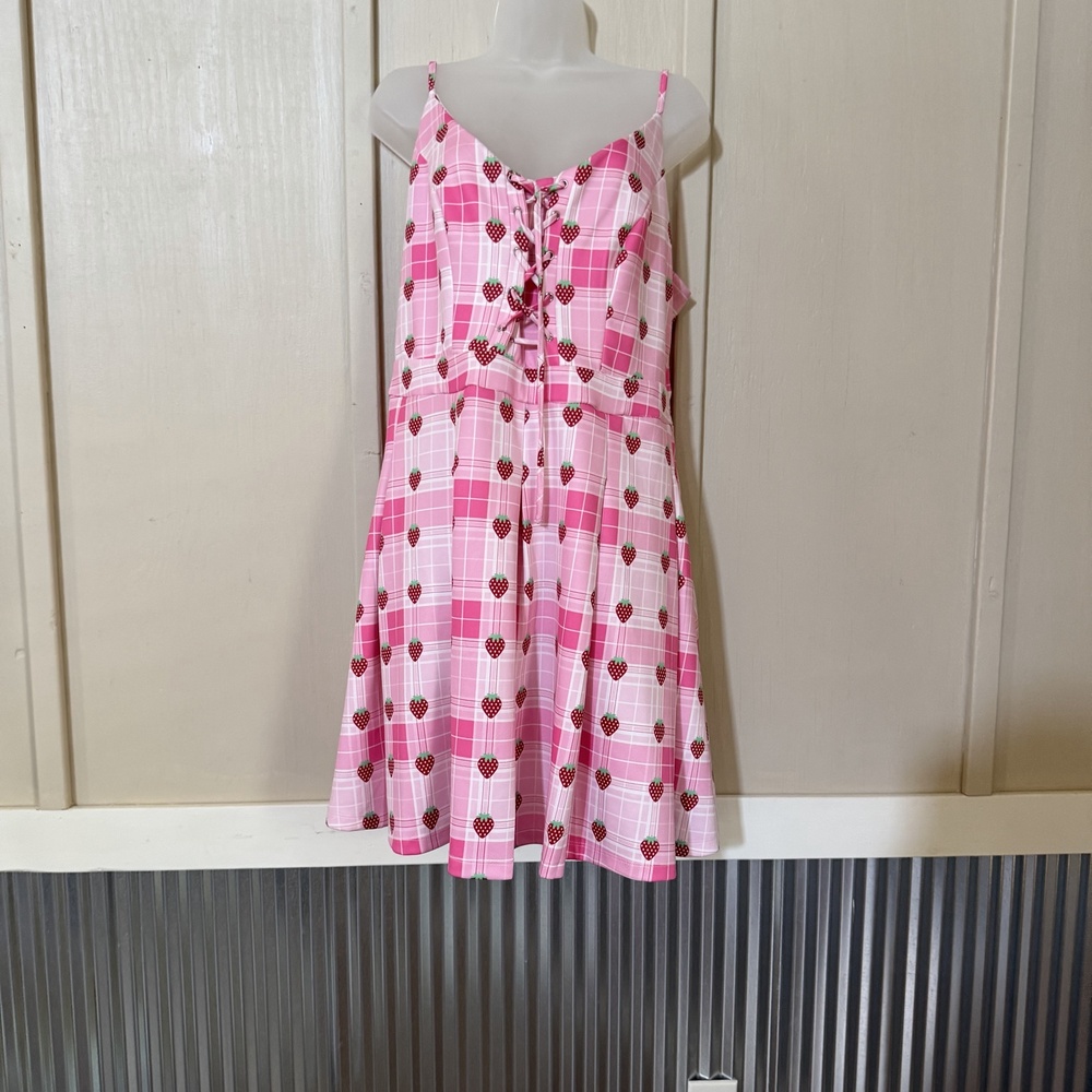 Hot Topic Dress Juniors XL Pink Strawberry Plaid Corset Lace Up Sundress Mini